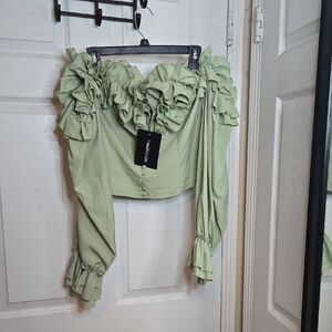 PrettyLittleThing Sage Buttoned Off The Shoulder Blouse NWT
